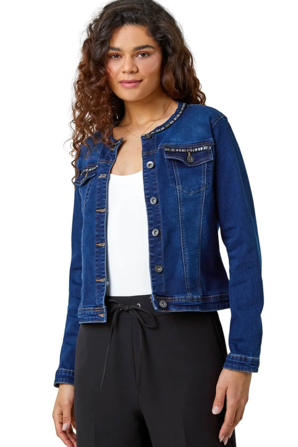 Coats & Jackets>Roman Indigo Collarless Tape Stretch Denim Jacket 005LIndigo