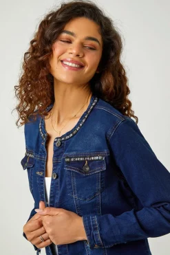Coats & Jackets>Roman Indigo Collarless Tape Stretch Denim Jacket 005LIndigo