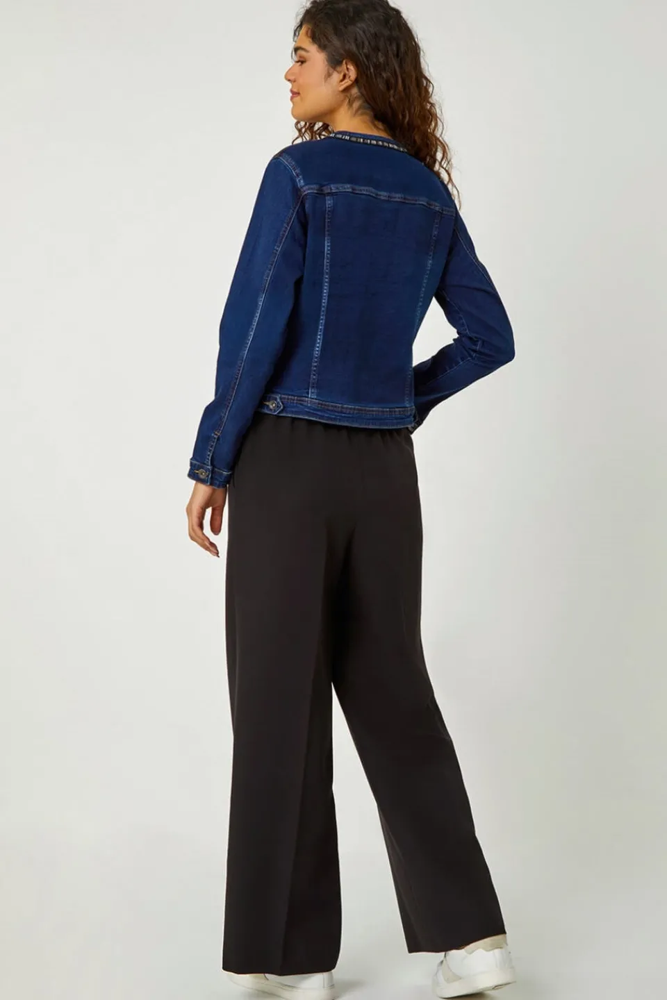 Coats & Jackets>Roman Indigo Collarless Tape Stretch Denim Jacket 005LIndigo