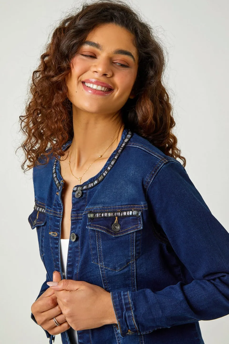 Coats & Jackets>Roman Indigo Collarless Tape Stretch Denim Jacket 005LIndigo