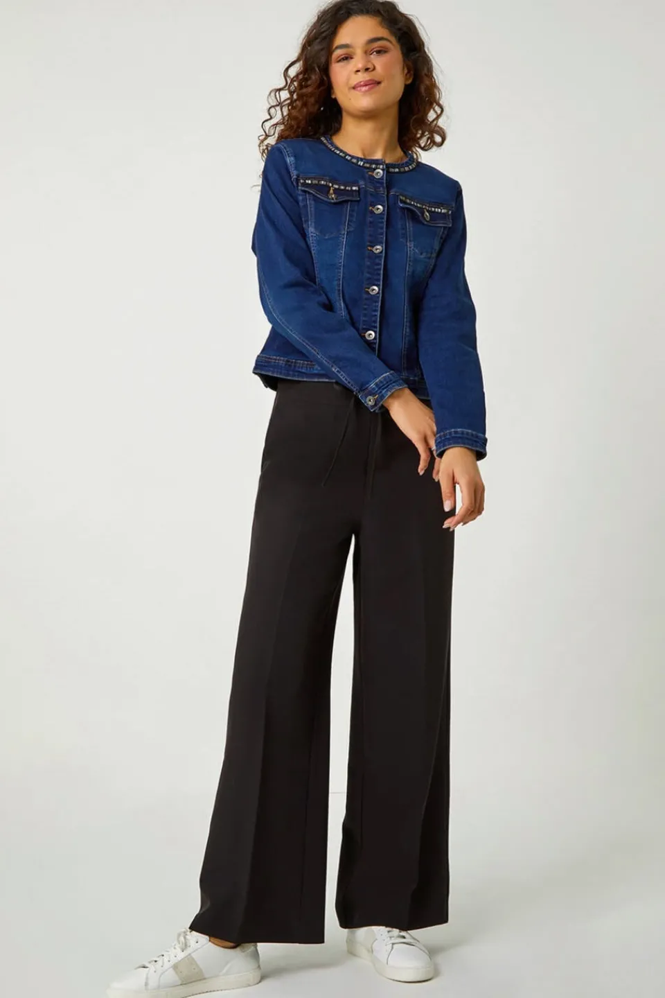 Coats & Jackets>Roman Indigo Collarless Tape Stretch Denim Jacket 005LIndigo