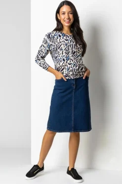 Skirts>Roman Cotton Denim Stretch A line Skirt Indigo