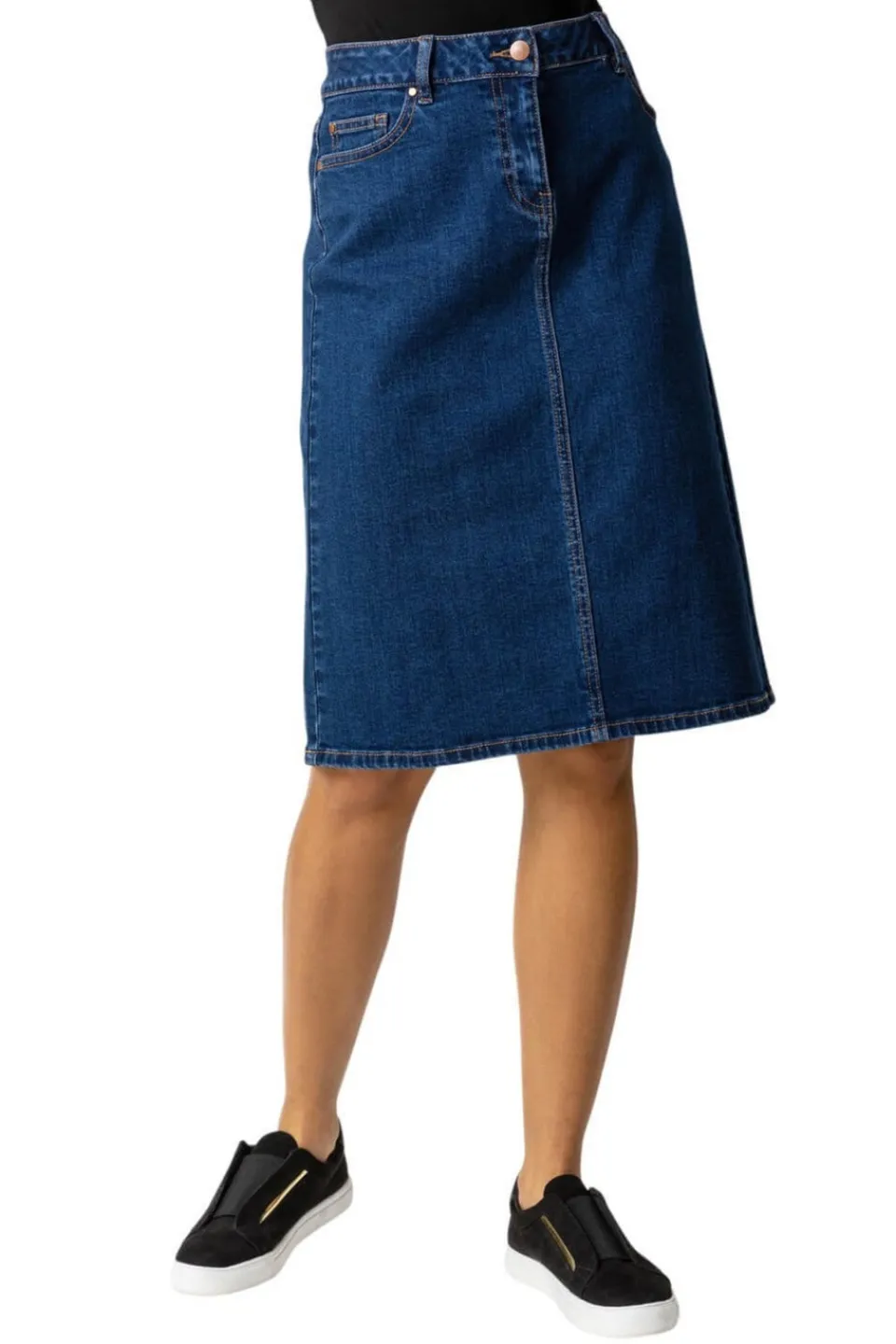 Skirts>Roman Cotton Denim Stretch A line Skirt Indigo
