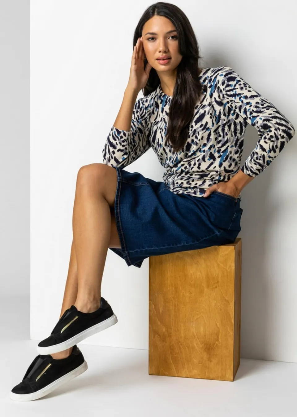 Skirts>Roman Cotton Denim Stretch A line Skirt Indigo