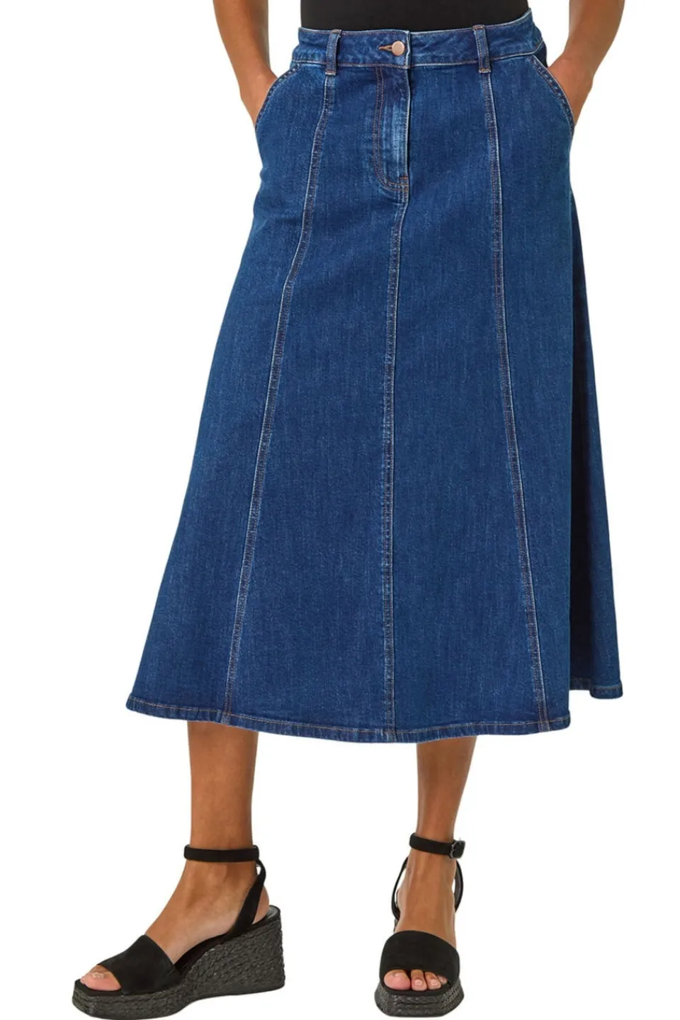 Skirts>Roman Indigo Cotton Denim Panelled Midi Skirt
