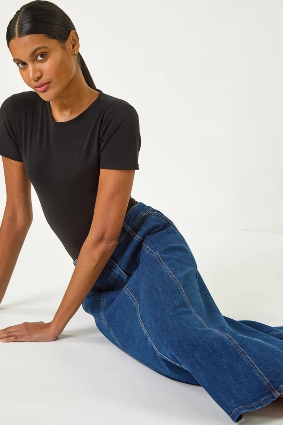 Skirts>Roman Indigo Cotton Denim Panelled Midi Skirt