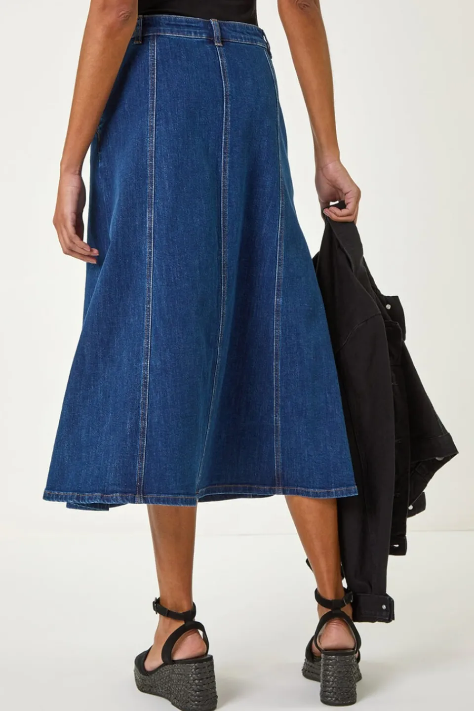 Skirts>Roman Indigo Cotton Denim Panelled Midi Skirt