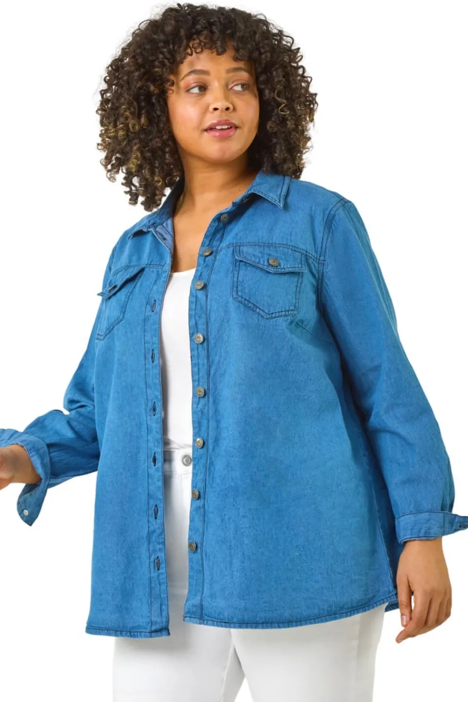 Tops>Roman Indigo Curve Button Through Denim Shirt