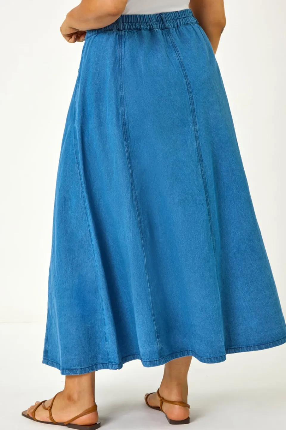 Skirts>Roman Indigo Curve Cotton Denim Swing Skirt