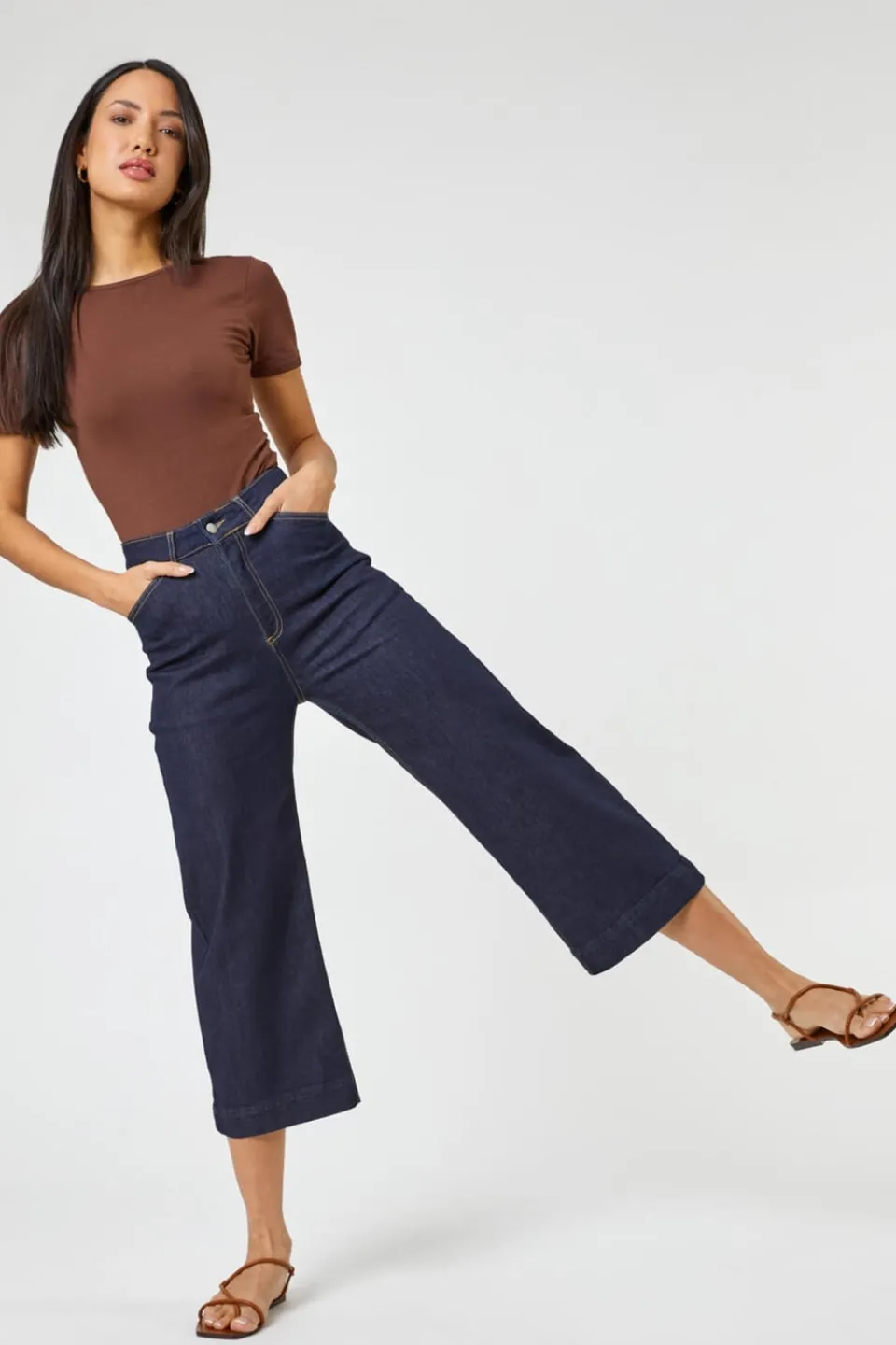 Trousers>Roman Wide Leg Stretch Cropped Denim Culottes Indigo