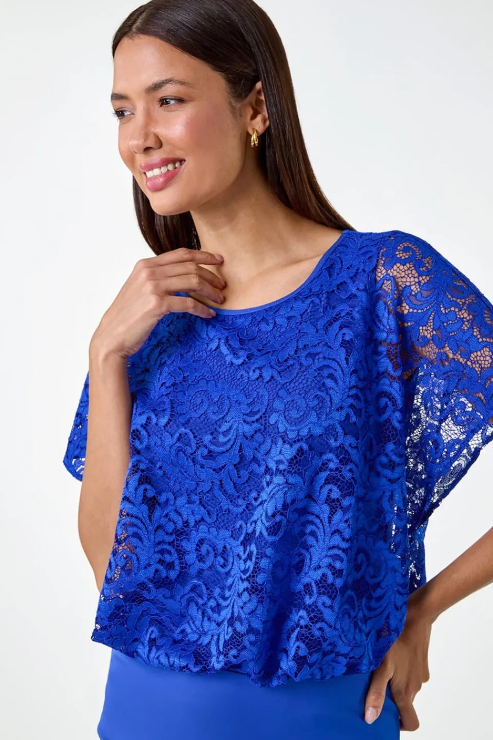 Tops>Roman Ink Blue Lace Stretch Bubble Hem Top