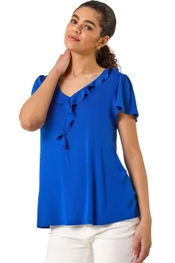 T-Shirts>Roman Ink Blue Ruffle Front Stretch Top