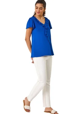 T-Shirts>Roman Ink Blue Ruffle Front Stretch Top