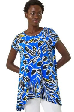 Tops>Roman Ink Blue Textured Leaf Print Stretch Tunic Top
