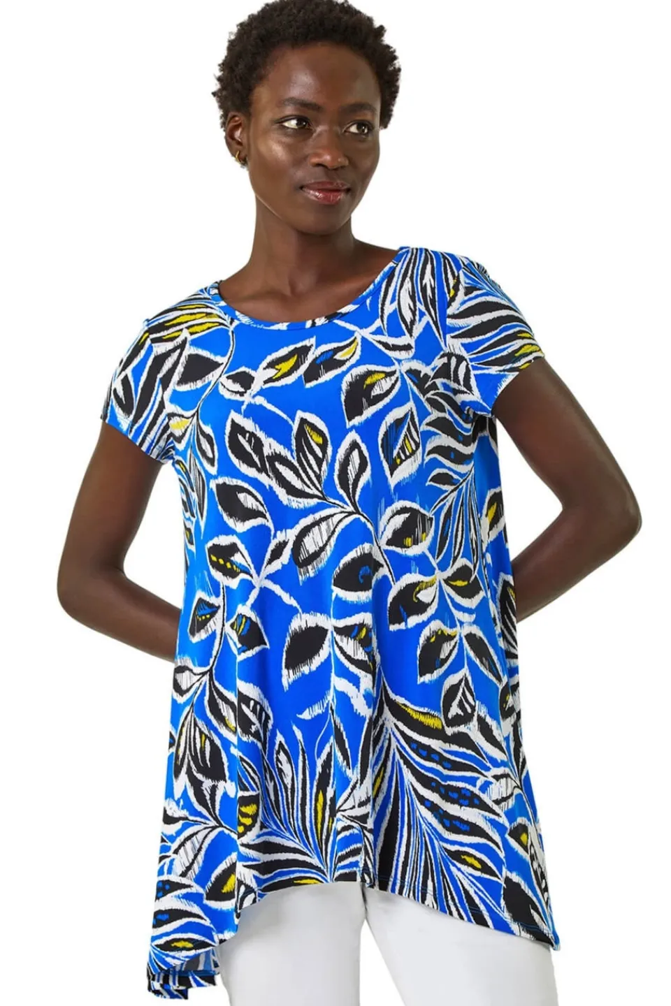 Tops>Roman Ink Blue Textured Leaf Print Stretch Tunic Top