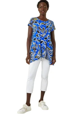 Tops>Roman Ink Blue Textured Leaf Print Stretch Tunic Top