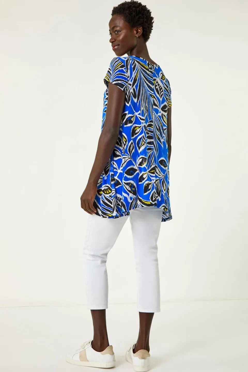 Tops>Roman Ink Blue Textured Leaf Print Stretch Tunic Top