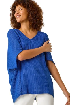 Tops>Roman Ink Blue Textured V-Neck Cocoon Stretch Top