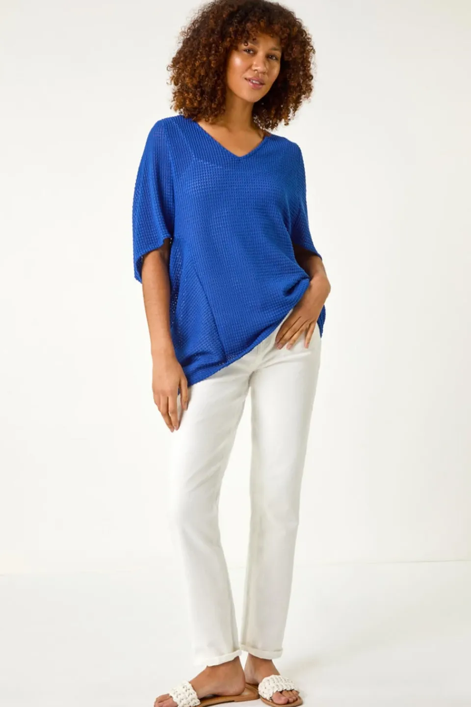 Tops>Roman Ink Blue Textured V-Neck Cocoon Stretch Top