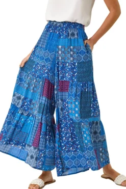 Trousers>Roman Ink Blue Tile Tiered Palazzo Trouser