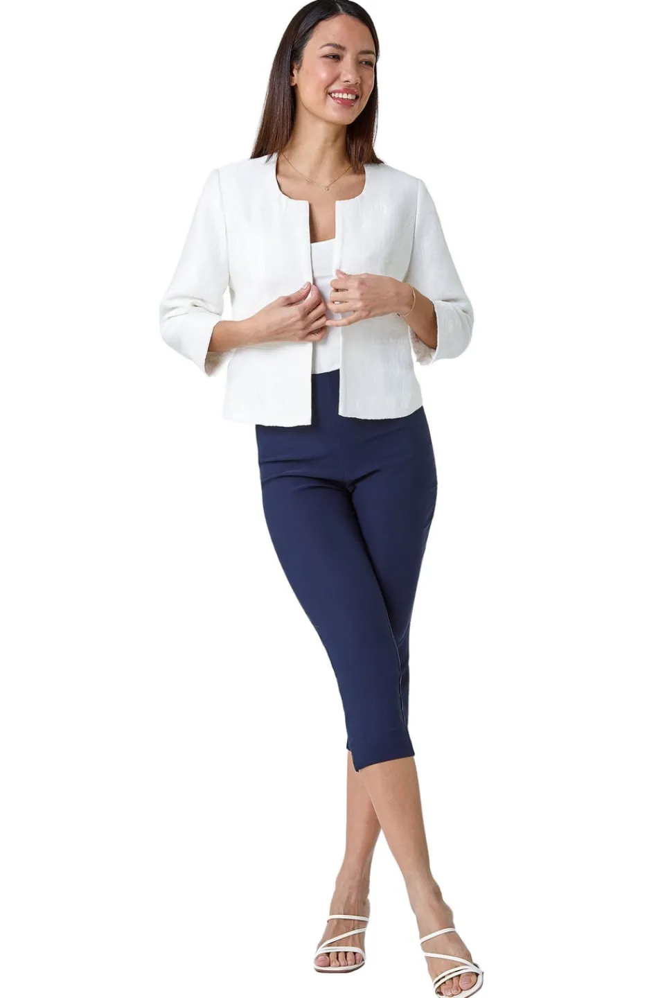 Coats & Jackets>Roman Ivory 3/4 Sleeve Pleated Textured Cropped Jacket
