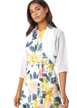 Tops>Roman 3/4 Sleeve Ruched Hem Chiffon Bolero Ivory