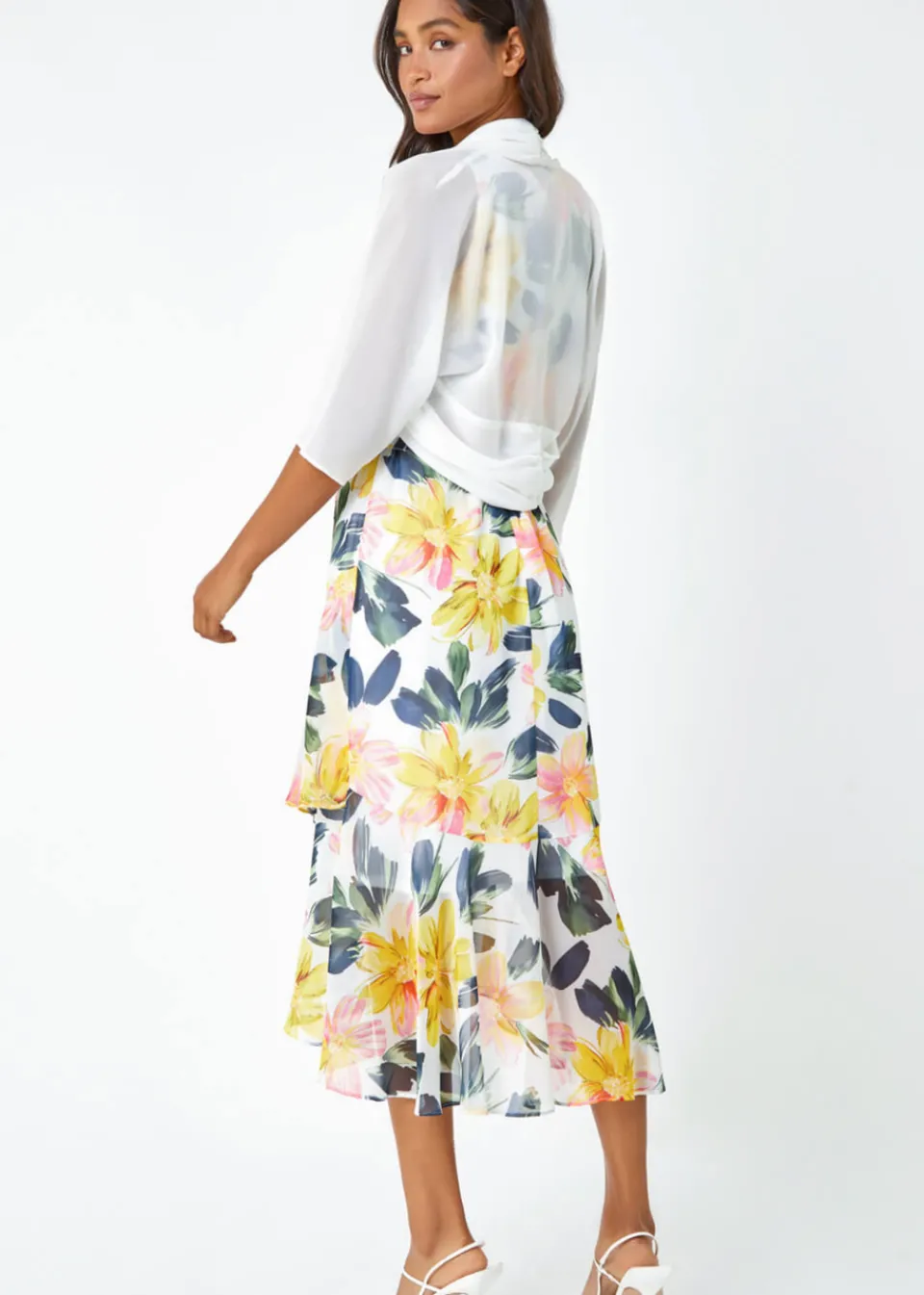 Tops>Roman 3/4 Sleeve Ruched Hem Chiffon Bolero Ivory