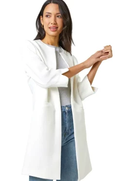 Coats & Jackets>Roman 3/4 Sleeve Textured Longline Jacket Ivory