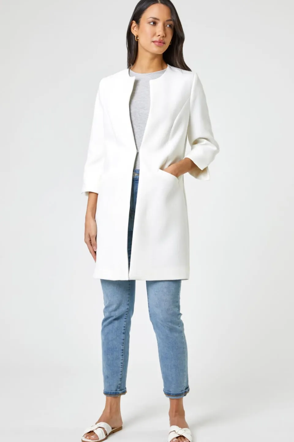 Coats & Jackets>Roman 3/4 Sleeve Textured Longline Jacket Ivory