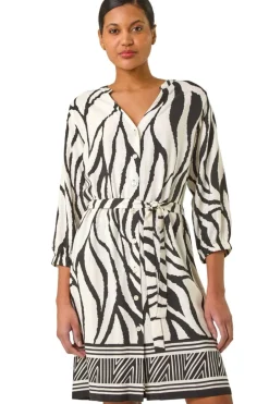 Dresses>Roman Ivory Abstract Border Tie Shirt Dress