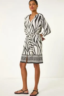 Dresses>Roman Ivory Abstract Border Tie Shirt Dress
