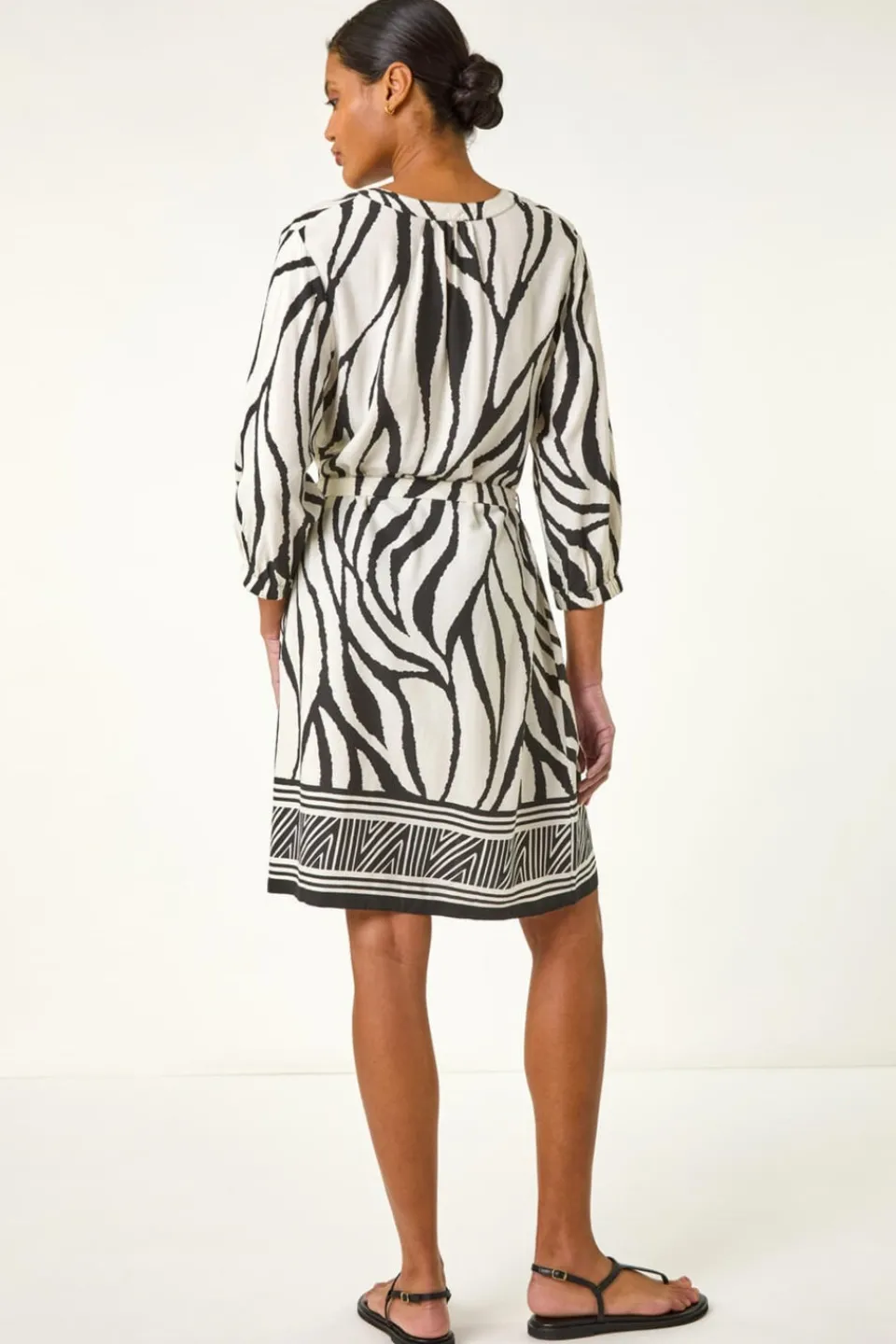 Dresses>Roman Ivory Abstract Border Tie Shirt Dress