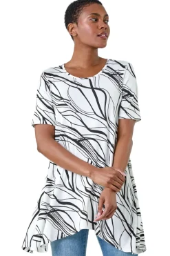 Tops>Roman Ivory Abstract Hanky Hem Stretch Tunic Top