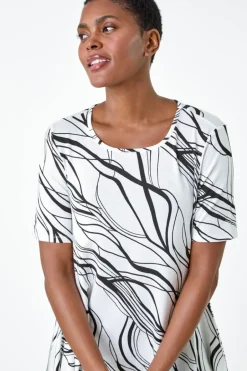 Tops>Roman Ivory Abstract Hanky Hem Stretch Tunic Top
