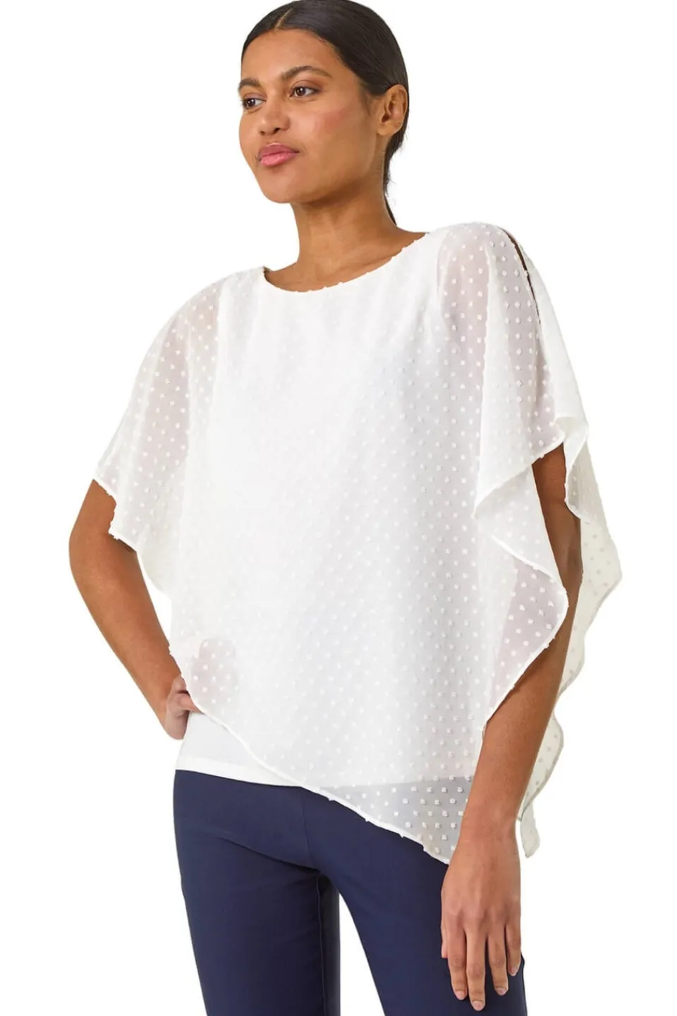 Tops>Roman Ivory Asymmetric Dobby Overlay Top