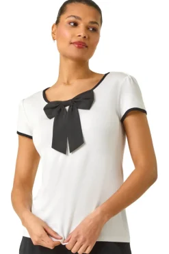T-Shirts>Roman Ivory Bow Front Stretch Top