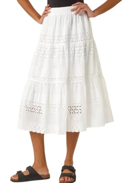 Skirts>Roman Ivory Broderie Cotton A Line Midi Skirt
