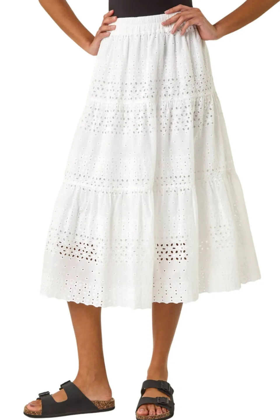 Skirts>Roman Ivory Broderie Cotton A Line Midi Skirt