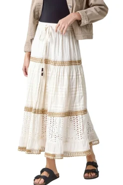 Skirts>Roman Ivory Broderie Cotton Tiered Maxi Skirt