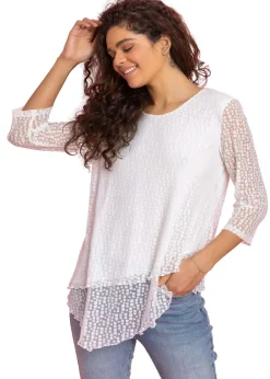 T-Shirts>Roman Ivory Burnout Print Asymmetric Stretch Top