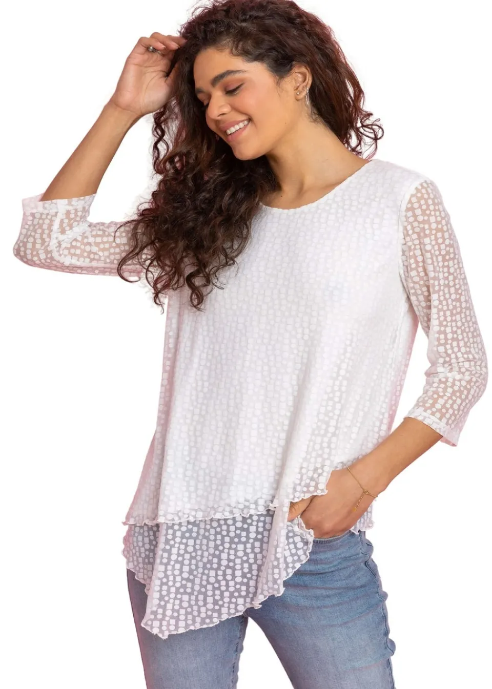T-Shirts>Roman Ivory Burnout Print Asymmetric Stretch Top