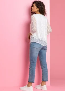 T-Shirts>Roman Ivory Burnout Print Asymmetric Stretch Top