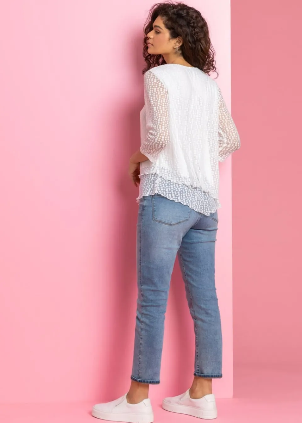 T-Shirts>Roman Ivory Burnout Print Asymmetric Stretch Top