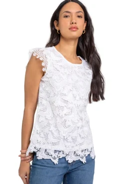 T-Shirts>Roman Ivory Butterfly Lace Stretch Top