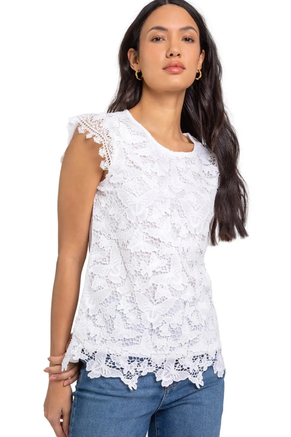 T-Shirts>Roman Ivory Butterfly Lace Stretch Top