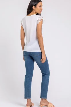 T-Shirts>Roman Ivory Butterfly Lace Stretch Top