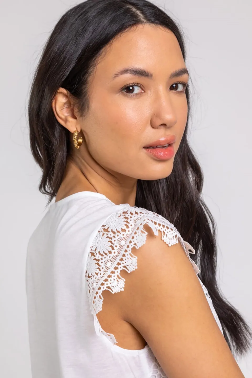 T-Shirts>Roman Ivory Butterfly Lace Stretch Top