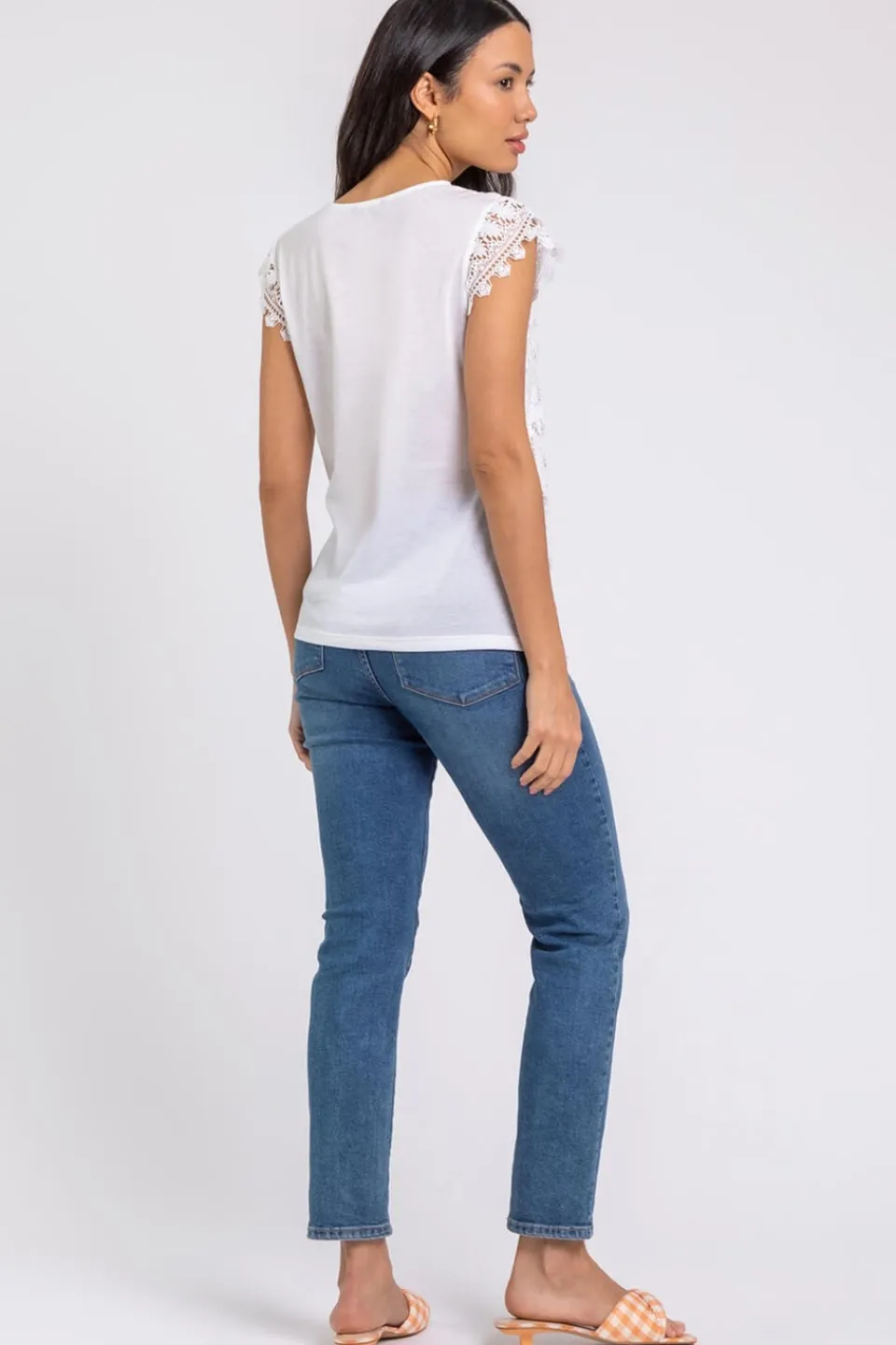 T-Shirts>Roman Ivory Butterfly Lace Stretch Top