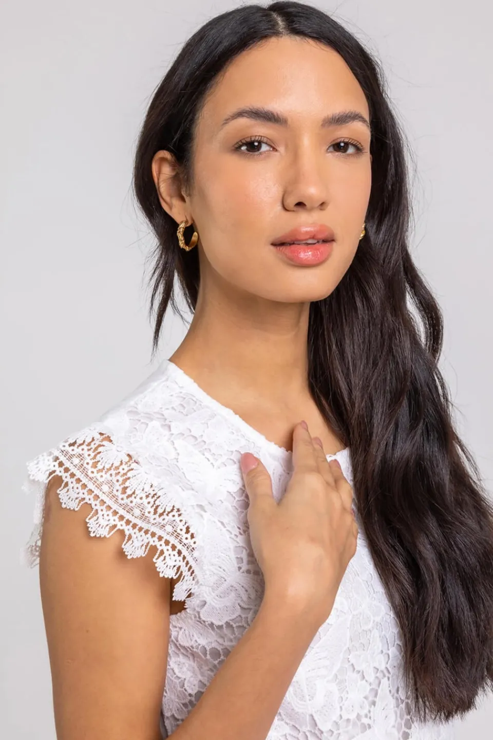 T-Shirts>Roman Ivory Butterfly Lace Stretch Top