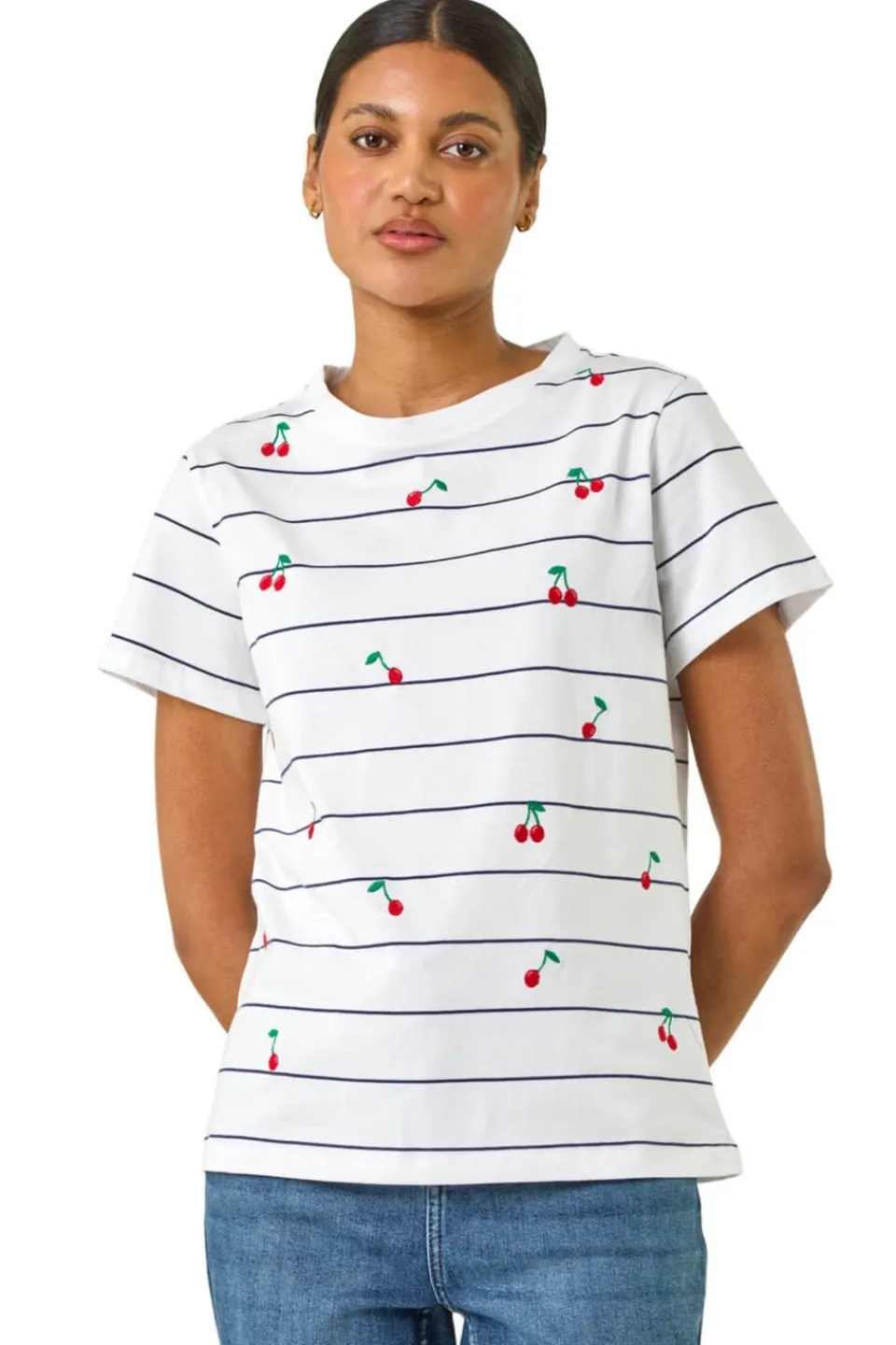 T-Shirts>Roman Ivory Cherry Embroidered Stripe T Shirt